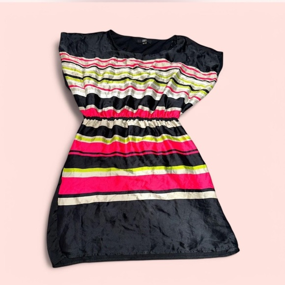 Vintage Y2K Striped Mini Dress — Cinched Waist Black Pink Neon Size 8 - Picture 1 of 3